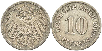 Германия 10 пфеннигов 1900 A KM 12, J. 13 медно-никель 210-634