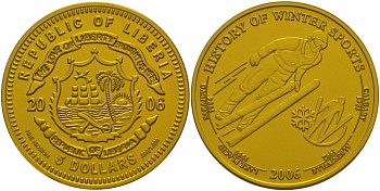 Либерия 5 долларов 2006 История зимних видов спорта, ниобий, золотая, прыжки с трамплина, вес 15,55 гр., тираж 2006 экз.  ниобий  UNC  06-225-42