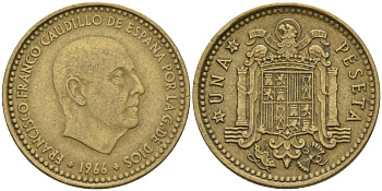 Испания 1 песета 1966 (69) Франсиско Франко (1939 - 1975) KM 796 алюминиевая бронза 4155-352