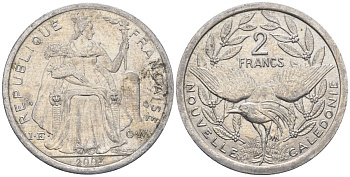 Французская Новая Каледония 2 франка 2003 птица кагу, (IEOM) KM 14, Schoen 11, Lec 68h алюминий    25-1211