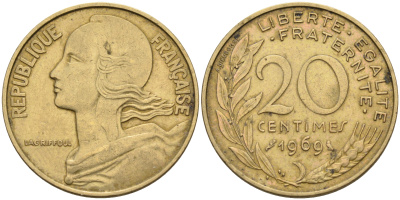 Франция 20 сантимов 1969 тип Марианна KM 930 медь алюминий никель 4116-521