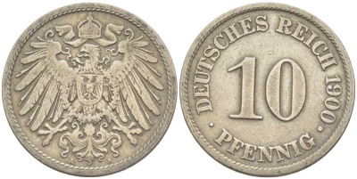 Германия 10 пфеннигов 1900 A KM 12, J. 13 медно-никель 210-634