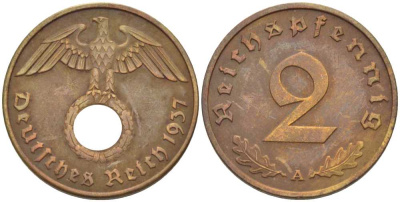 ГЕРМАНИЯ 2 РЕЙХСПФЕННИГА 1937 A KM 90, J. 362 бронза 261-854
