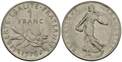 Франция 1 франк 1976 сеятель KM 925 никель 4135-852