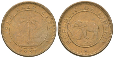 Либерия 1/2 цента 1937 KM 10 латунь aUNC 4588-757