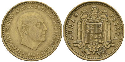 Испания 1 песета 1966 (69) Франсиско Франко (1939 - 1975) KM 796 алюминиевая бронза 4155-352