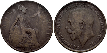 Великобритания 1 пенни 1912 Георг V (1910-1936) KM 810, Spink 4051 бронза 540-433