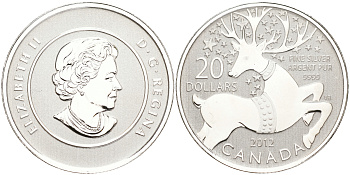 Канада 20 долларов 2012 с рождеством, олени, Елизавета II (1952-2022) KM NEW серебро PROOF 11-265-42
