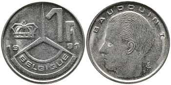 БЕЛЬГИЯ 1 ФРАНК 1991 BELGIE KM 171 сталь плакированная никелем 99-1244