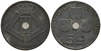 Бельгия 5 сантимов 1941 Belgique - Belgie KM 123 цинк 4548-1257