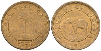 Либерия 1/2 цента 1937 KM 10 латунь aUNC 4588-958