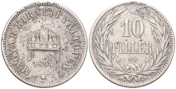 Венгрия 10 филлеров 1894 KB, Франц Иосиф I (1848-1916) KM 482 никель 4611-1053