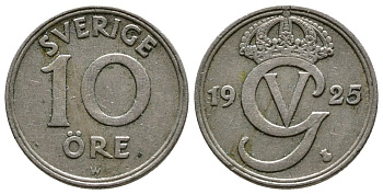 Швеция 10 эре 1925 W, Густав V (1907-1950) KM 795 никель бронза 72-1153