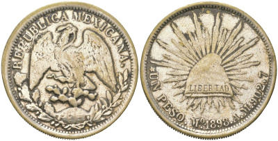 Мексика КОПИЯ монеты 1 песо 1898 KM 409 беллый металл 00-1067-6-53