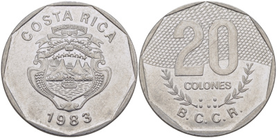 КОСТА-РИКА 20 КОЛОНОВ 1983 В.С.С.R. KM 216.1 нержавеющая сталь 82-1014