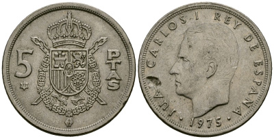 Испания 5 песет 1975 (77) KM 807 медно-никель 4138-1047