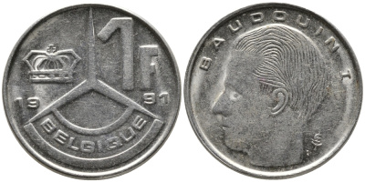 БЕЛЬГИЯ 1 ФРАНК 1991 BELGIE KM 171 сталь плакированная никелем 99-1244