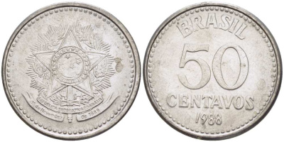 Бразилия 50 сентаво 1988 реформа 1986-1989 KM 604 нержавеющая сталь 3334-514