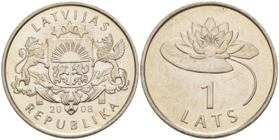 Латвия 1 лат 2008 кувшинка KM 92 медно-никель UNC M2-01
