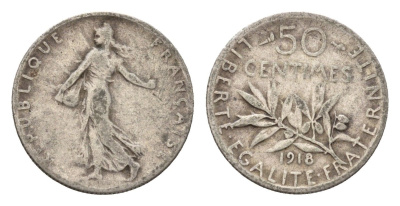 Франция 50 сантимов 1918 KM 854 серебро 4164-167
