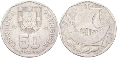 Португалия 50 эскудо 1986 KM 636 медно-никель 4162-616