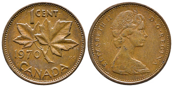 Канада 1 цент 1970 Елизавета II (1952-2022), кленовый лист KM 59.1 бронза 177-957
