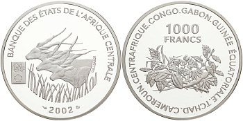 Валютный союз стран центральной Африки 1000 франков 2002 FAO, тираж 500 экземпляров серебро PROOF 00-000-00