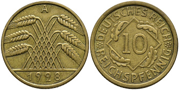 Германия 10 рейхспфеннигов 1928 A KM 40 алюминиевая бронза 4171-344