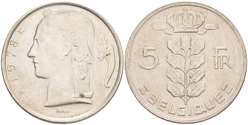 БЕЛЬГИЯ 5 ФРАНКОВ 1978 BELGIQUE KM 134.1 медно-никель 4556-556