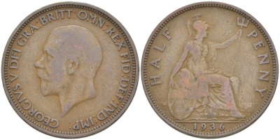 Великобритания 1/2 пенни 1936 Георг V (1910-1936) KM 837, Spink 4058 бронза 4514-1151