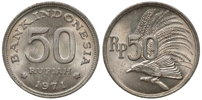 Индонезия 50 рупий 1971 райская птица KM 35 медно-никель UNC M55-14