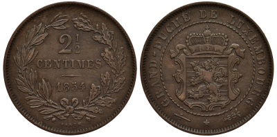 ЛЮКСЕМБУРГ 2 1/2 САНТИМА 1854 u, ГЕРЦОГ ВИЛЛЕМ III НИДЕРЛАНДСКИЙ (1849-1890), МОНДВОР УТРЕХТ КМ 21 бронза 4538-742