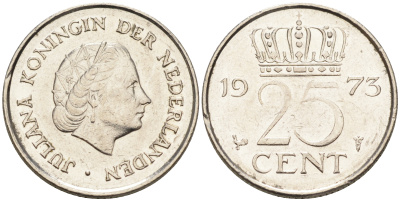 Нидерланды 25 центов 1973 Юлиана (1949-1980) KM 183 никель    4174-661