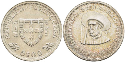 ПОРТУГАЛИЯ 5 ЭСКУДО 1960 500 ЛЕТ СО ДНЯ СМЕРТИ ПРИНЦА ГЕНРИ НАВИГАТОРА KM 587 серебро 1521-1234