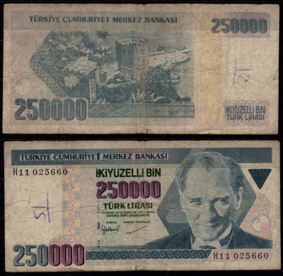 Турция 250000 турецких лир 1970 Президент Мустафа Кемаль Ататюрк, Кызыл Куле, Аланья Pick 211 бумага 7523-18-2-2