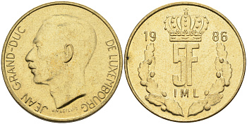 Люксембург 5 франков 1986 Великий герцог Жан (1964-1999) KM 60.1 латунь 63-732
