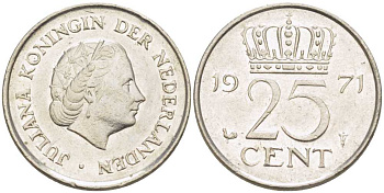 НИДЕРЛАНДЫ 25 ЦЕНТОВ 1971 ЮЛИАНА (1948-1980) KM 183 никель 214-958