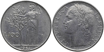 ИТАЛИЯ 100 ЛИР 1964 R, АФИНА KM 96.1 нержавеющая сталь 32-526