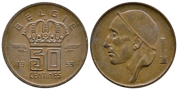 БЕЛЬГИЯ 50 САНТИМОВ 1953 BELGIE KM 145 бронза 4383-1133