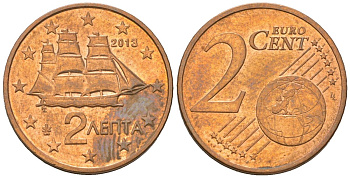 Греция 2 евроцента 2013 KM 182 сталь плакированная медью aUNC 4539-832