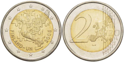 Финляндия 2 евро 2005 60 лет ООН, 50 лет членству Финляндии в ООН, голубь мира KM 119 биметалл UNC 25-2353