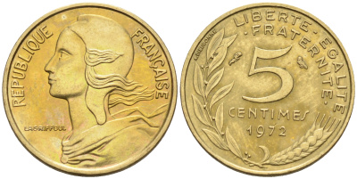 Франция 5 сантимов 1972 тип Марианна KM 933 никель алюминий медь    4594-1128