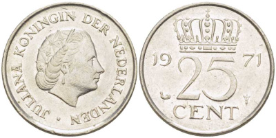 НИДЕРЛАНДЫ 25 ЦЕНТОВ 1971 ЮЛИАНА (1948-1980) KM 183 никель 214-958