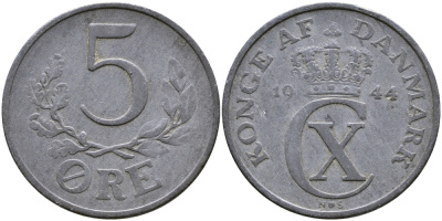 Дания 5 эре 1944 N; S, Кристиан X (1912-1947) KM 834а цинк    4680-924
