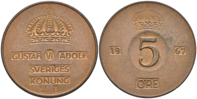 Швеция 5 эре 1967 U, Густав VI Адольф (1950-1973) KM 822 бронза 4557-825