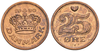 Дания 25 эре 1990 LG;JP, Маргрете II (1972-) KM 868.1, Schoen 84 бронза UNC 4516-111