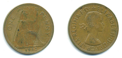 Великобритания 1 пенни 1962 Елизавета II (1952-2022) KM 897, Spink 4157 бронза 54-2515