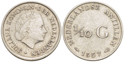 Нидерландские Антилы 1/10 гульдена 1957 Юлиана (1948-1980) KM 3 серебро 112-1055