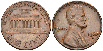 США 1 цент 1968 D, Линкольн KM 201 медь цинк 4115-844