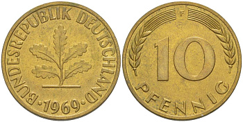 ФРГ 10 ПФЕННИГОВ 1969 F KM 108, J. 383 сталь плакированная латунью 219-433